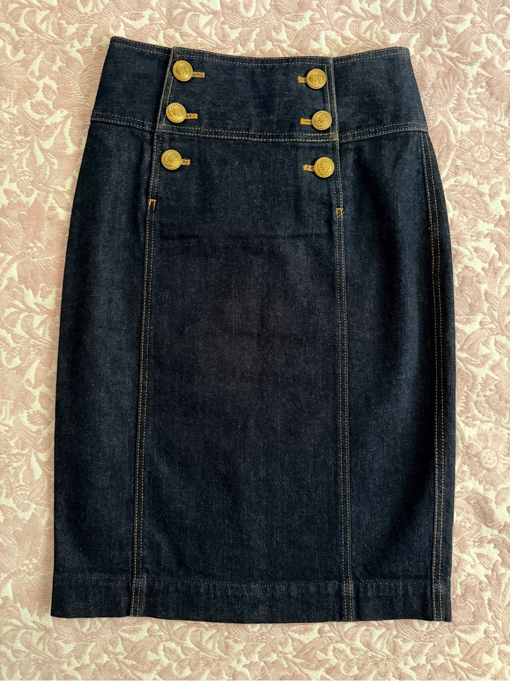 Ralph Lauren Dark Blue Denim Pencil Skirt with Gold Buttons